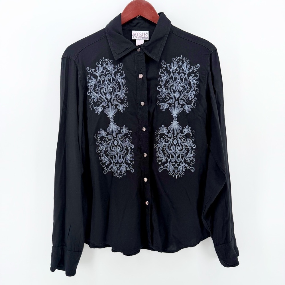 Pink Cattlelac Large L Black Embroidered Western Filigree Blouse Cowgirl Rodeo